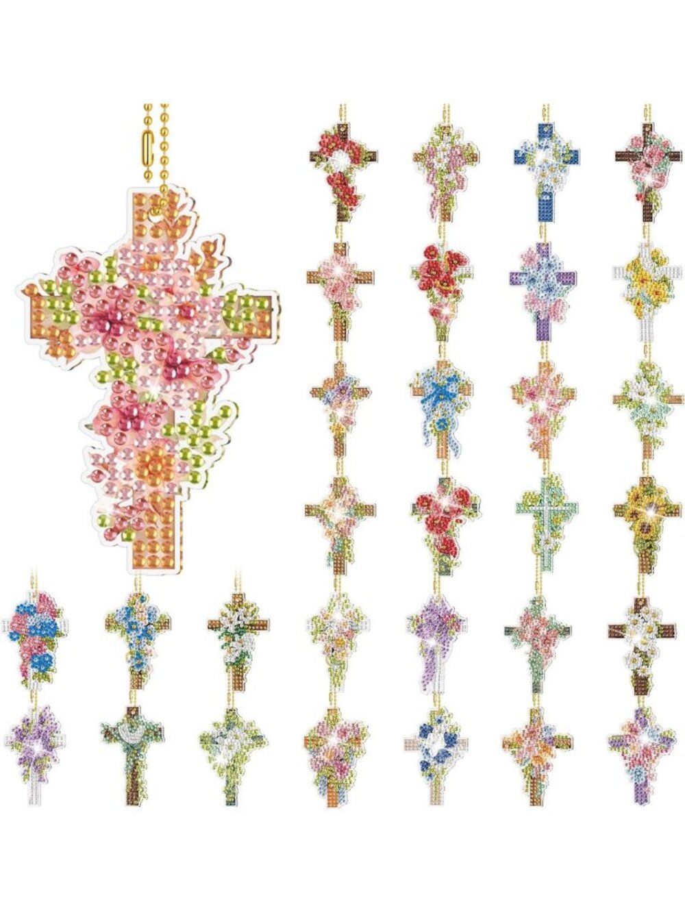 30 Pcs Cross Diamond Art Keychains - Christian 5D Double-Sided Craft Set